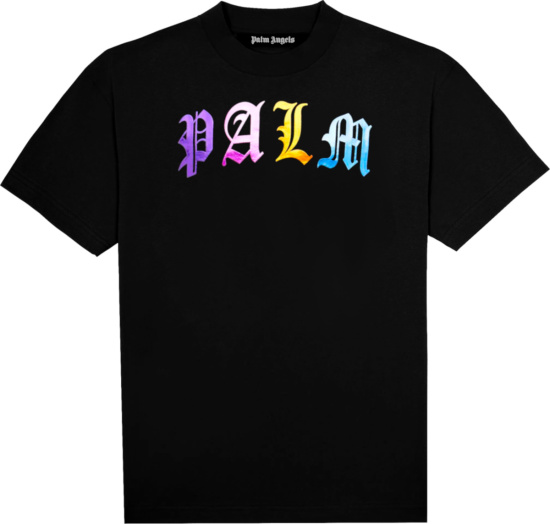 Palm Angels Black And Metallic Multicolor Gothic Logo T Shirt