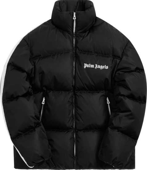 Palm Angels Black And White Side Track Stripe Puffer Jacket