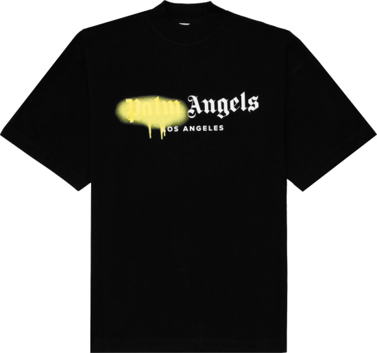 Palm Angels Black And Yellow Sprayed Logo Los Angeles T Shirt