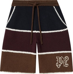 Palm Angels Black Burgundy Brown Striped Monogram Logo Wool Shorts
