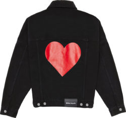 Palm Angels Black Denim Big Heart Print Trucker Jacket