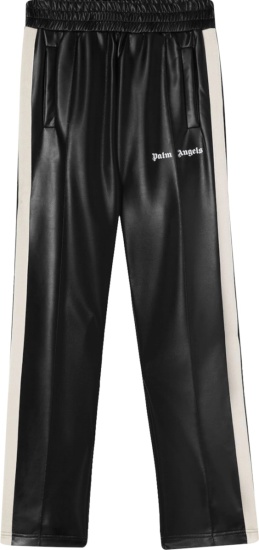 Palm Angels Black Faux Leather And White Stripe Trackpants
