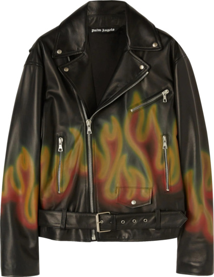 Palm Angels Black Leather Flames Biker Jacket