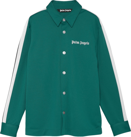Palm Angels Forest Green And White Side Stripe Snap Track Shirt
