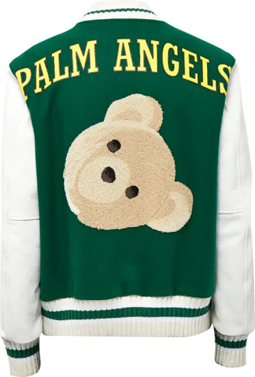 Palm Angels Green White Teddy Bear Varsity Jacket