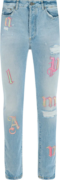Palm Angels Light Wash Blue And Rainbow Logo Letter Jeans
