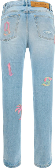 Palm Angels Rainbow Letter Patch Blue Distressed Jeans