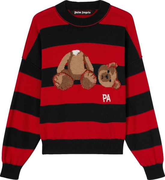 Palm Angels Red And Black Striped Headless Teddy Bear Logo Sweater