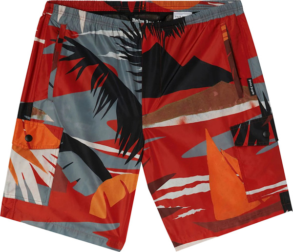 Palm Angels Red And Orange Hawaiin Print Swim Shorts