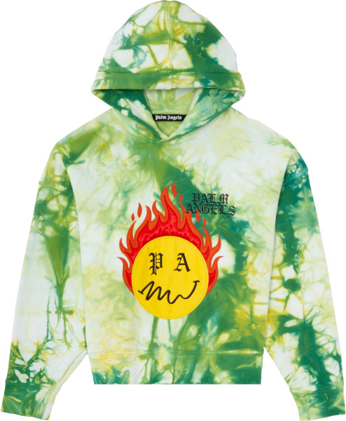 Palm Angle Green And Yellow Tie Dye Burning Smiley Face Hoodie