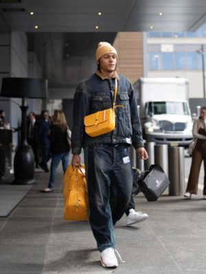 Paolo Banchero Goyard Yellow Messenger Bag Yellow Duffle Bag Maison Mihara Yasuhiro Denim Jacket And Jeans Jordan Sneakers