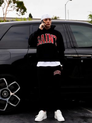 Peso Pluma Saint Michael Black Logo Hoodie Sweatpants Off White Sneakers Jacob And Co Watch