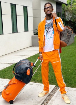 Pnb Rock Wearing An Off Whtie Diana Shirt With Palm Angels Orange Tracksuit And Nike X Offwhite Sneakers