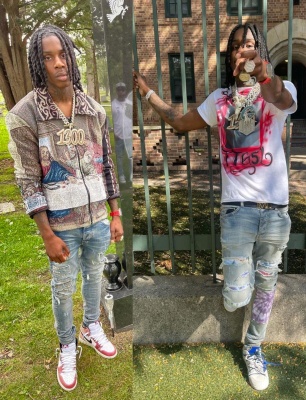 Polo G Wearing A Last Supper Jacket With Amiri Jeans And Jordan 1 Sneakers