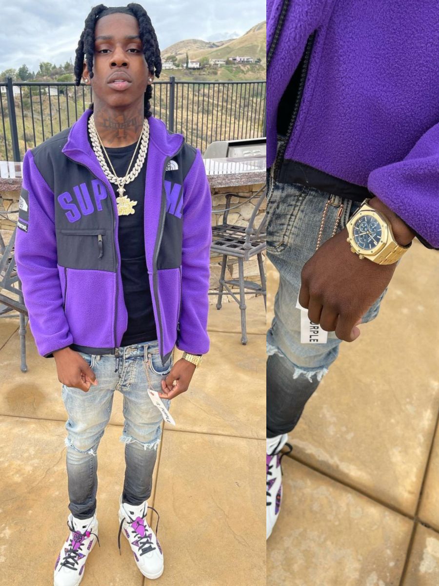 Polo G Wearing a Supreme x TNF, Purple Brand, & Jordan Outfit