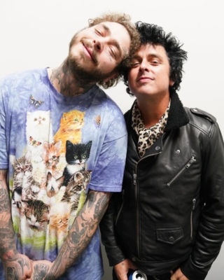 Post Malone With Billie Joe Armstrong Wearing A Cat Print Blue Tie Dye T Shirt