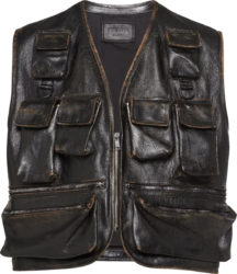 Black Worn Leather Utility Cargo Pocket Vest