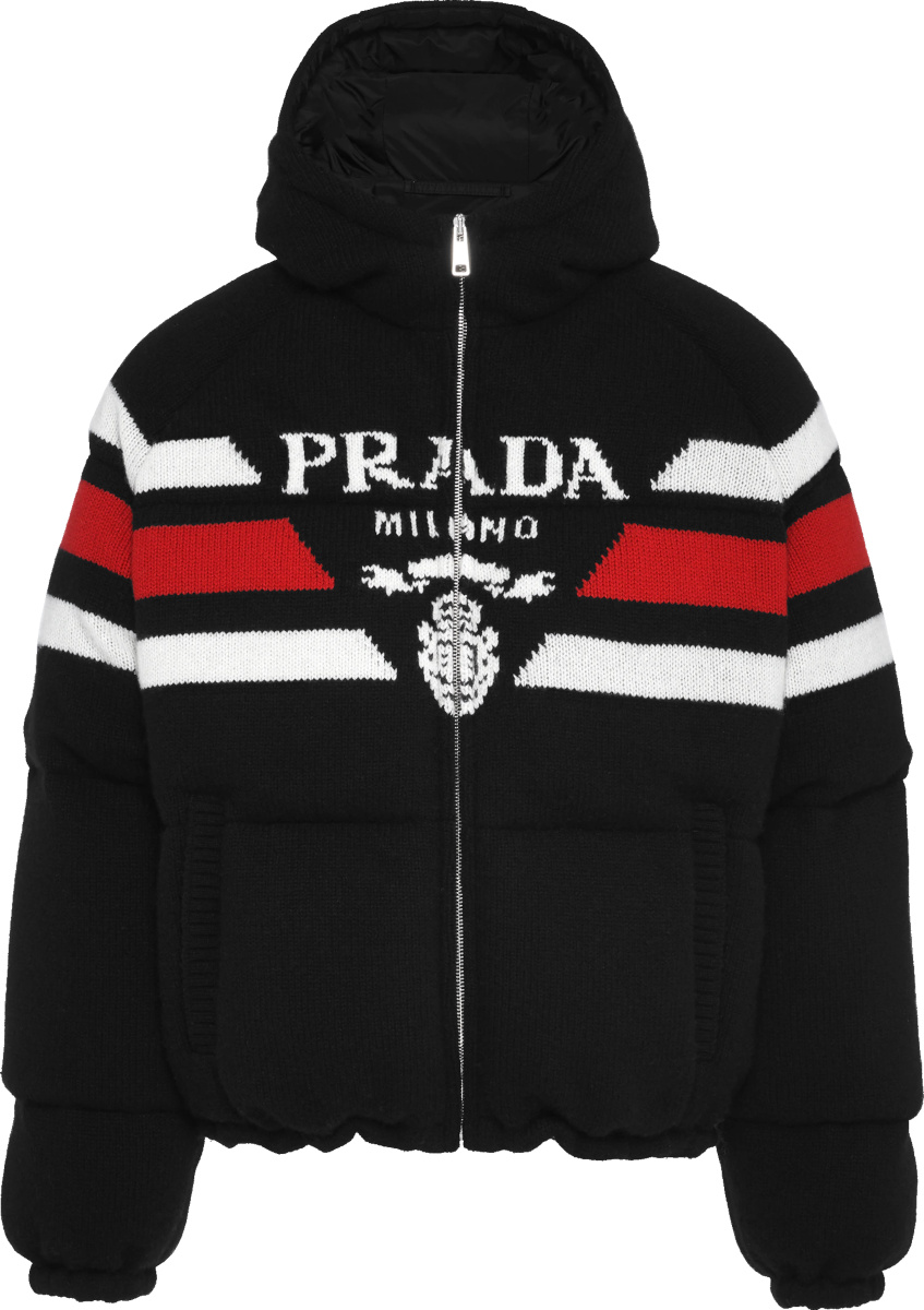 Prada Black Logo-Stripe Knit Puffer Jacket | Incorporated Style
