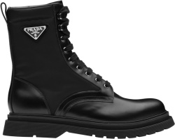 Prada Black Brushed Leather And Nylon Combat Boots