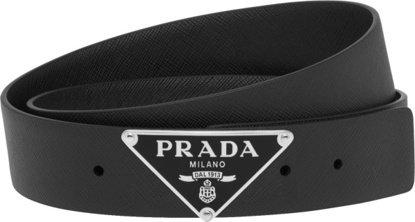 Prada Black Leather And Black Triangle Buckle Logo Belot