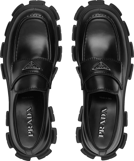 Prada Black Leather Lugged Sole Slip On Loafers