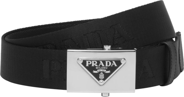 Prada Black Logo Jacquard And Silver Tone Black Buckle Belt