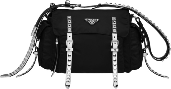 Prada Black Nylon And Studded Strap Shoulder Bag