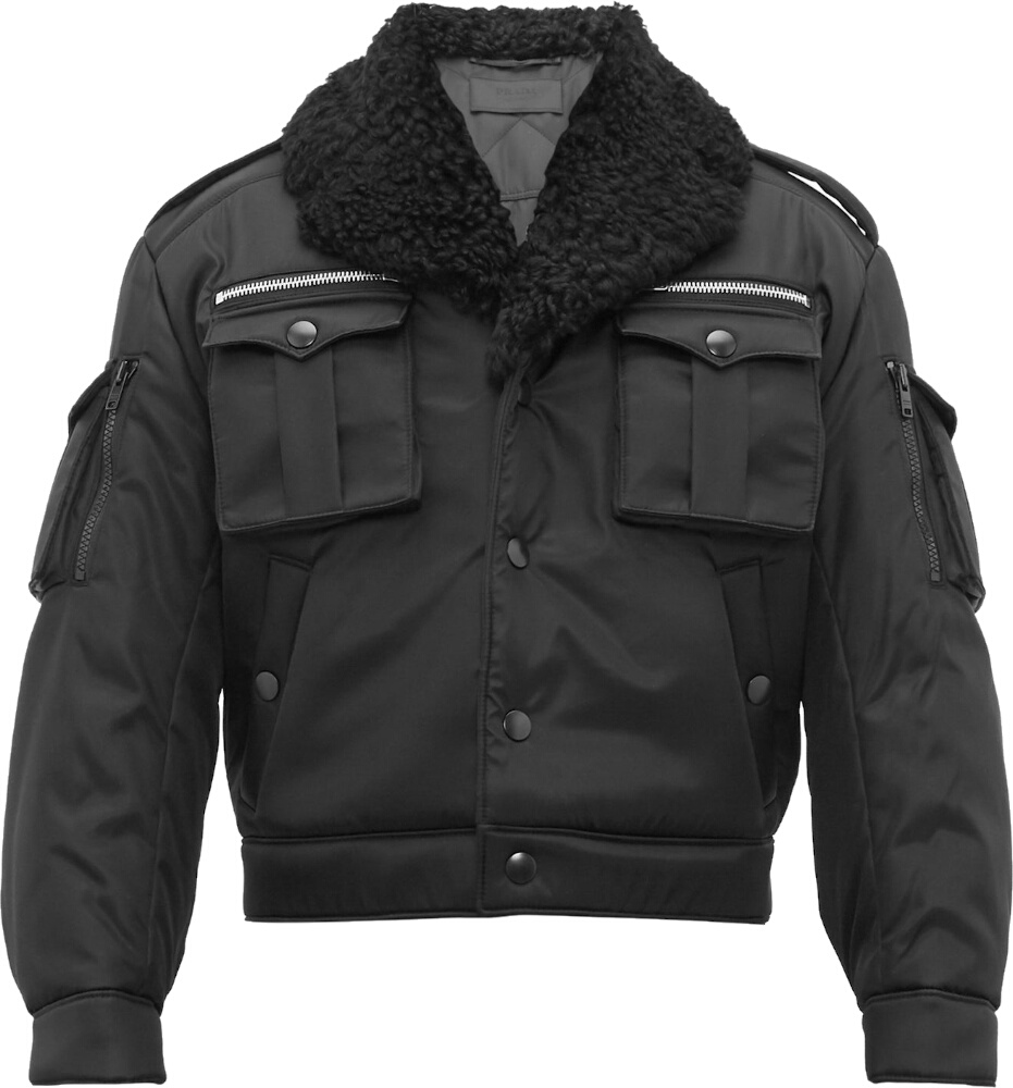 Prada Shearling Collar Black Bomber Jacket | Incorporated Style