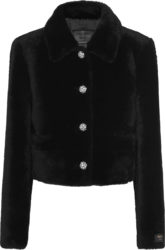 Black Shearling Crystal-Button Cropped Jacket