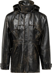 Black Paneled Worn Leather Hooded Jacket