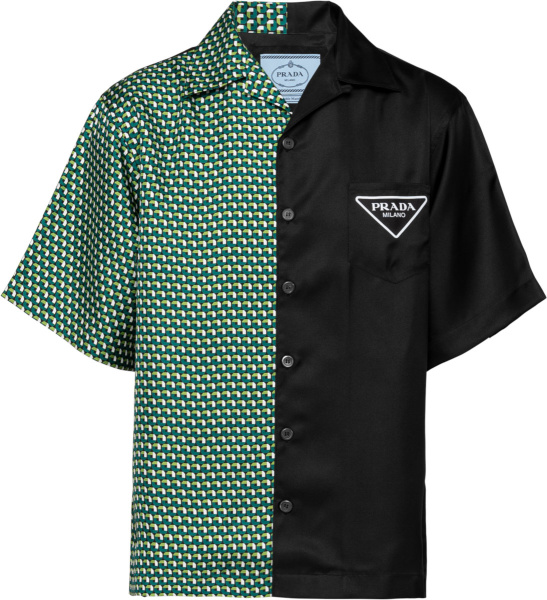 Prada Green Cube And Solid Black Double Match Silk Shirt