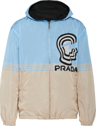 Prada Light Blue And Beige Head And Logo Print Windbreaker Jacket
