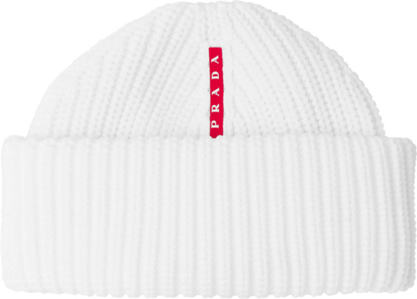 Prada Linea Rossa White Ribbed Knit Beanie Hat