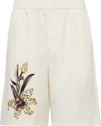Prada Men Cream And Yellow Spotted Flower Silk Shorts
