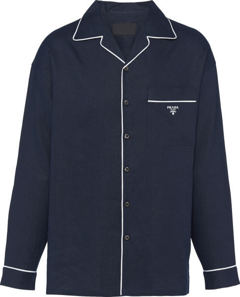 Prada Navy Blue And White Piped Trim Linen Shirt