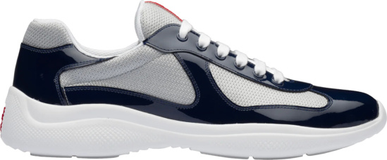 Prada Navy Blue Patent And Silver Knit Sneakers