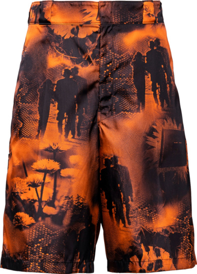 Prada Orange And Black Floral Print Shorts