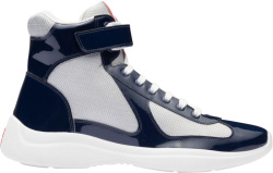 Prada Patent Navy Blue And Silver High Top Americas Cup Sneakers
