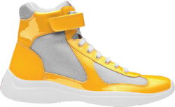 Prada Patent Yellow And Silver Mesh High Top Americas Cup Sneakers