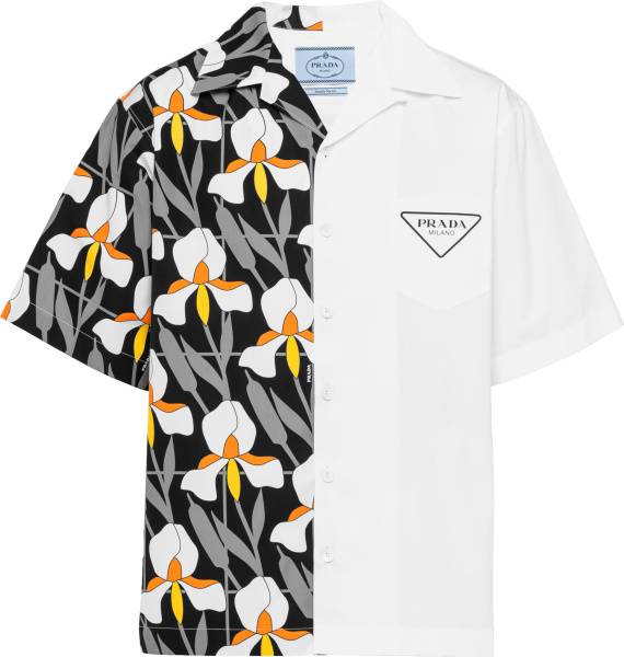 Prada Solid White And Black Floral Double Match Shirt