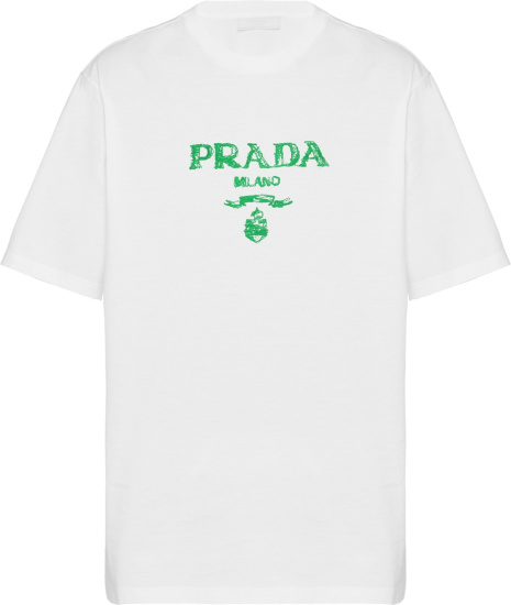 Prada White And Green Prada Milano Logo Print T Shirt