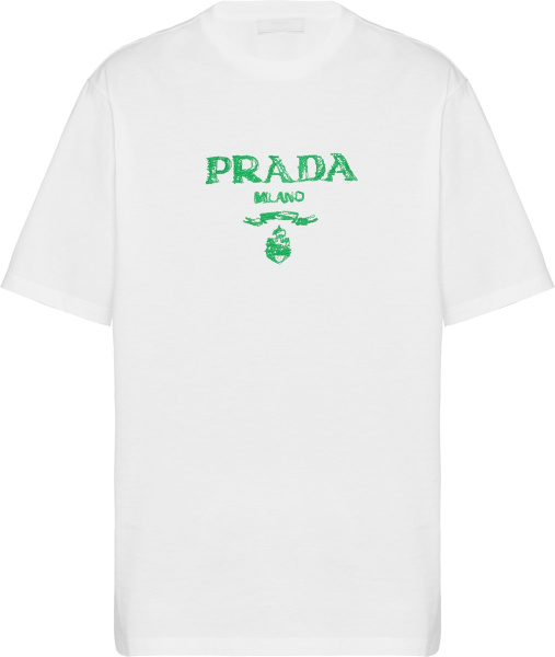 Prada White And Green Prada Milano Logo Print T Shirt