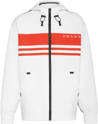 Prada White And Red Stripe Technical Zip Hooded Jacket