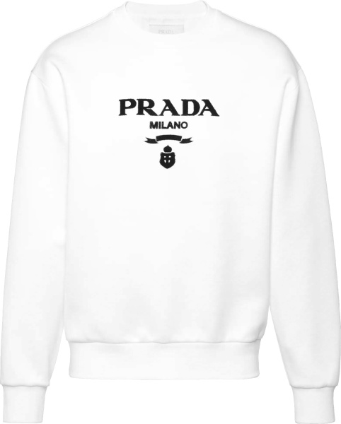 Prada White Flocked Logo Print Crewneck Sweatshirt