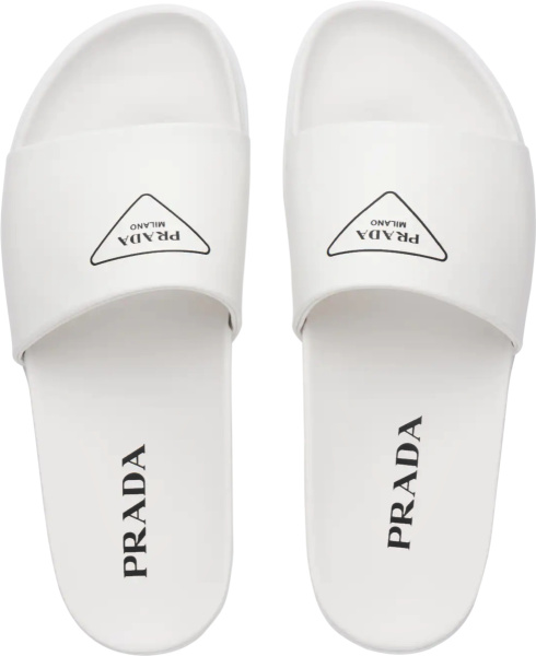 Prada White Leather And Triangle Logo Print Slides