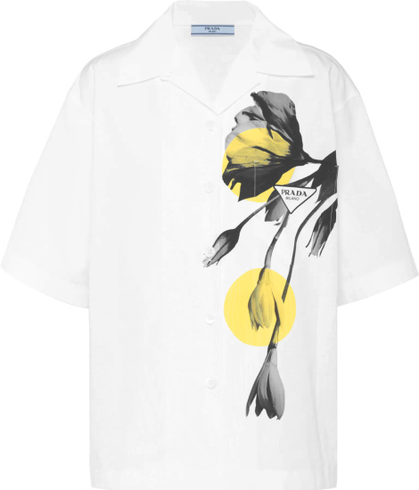 Prada White Yellow Circle And Black Tulip Print Shirt