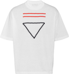 Prada White Zig Zag Striped And Triangle Logo Print T Shirt