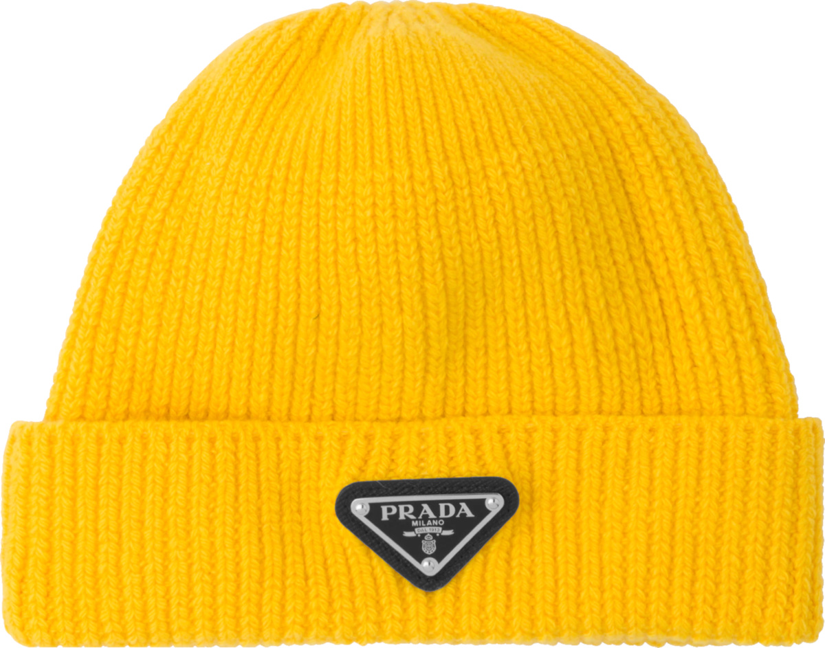 Prada Yellow Triangle-Logo Ribbed Beanie | INC STYLE