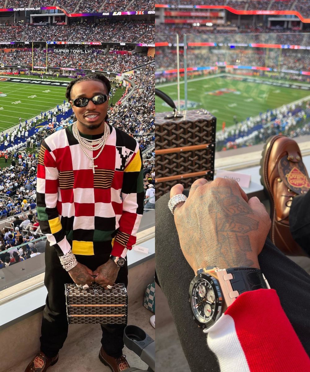 Quavo At Super Bowl 56 In a Louis Vuitton Sweater & Nigo Boots With an Audemars Watch
