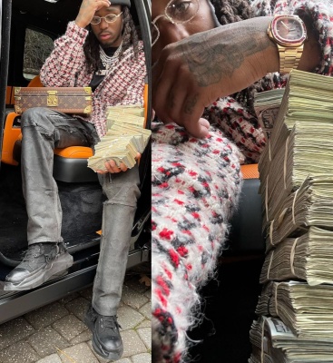 Quavo Wearing A Faith Connexion Tweed Shirt With A Louis Vuitton Box Givenchy Cracked Jeans And Rick Owens Shredded Sneakers
